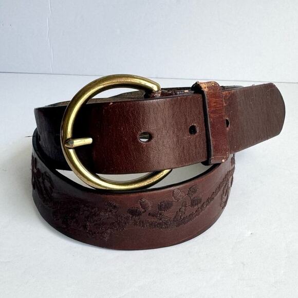Vintage Brown Leather Belt Boho Embroidered Detail Gold Brass Tone Buckle Y2K - Picture 7 of 10